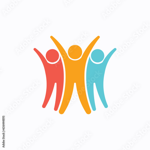 Iconic logo featuring three joyful persons celebrating together with raised arms