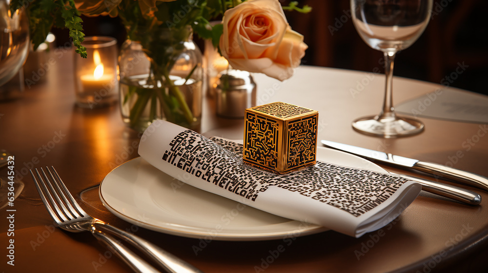 
QR code as the centerpiece, surrounded by classic dining essentials, a fusion of the modern and timeless, generative AI
