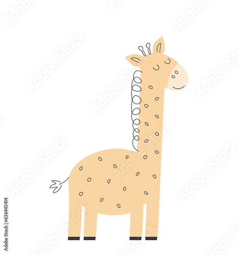 Cute giraffe in scandinavian style. Nice wild animal character. Flat minimalistic illustration. Vector drawing on white isolated background. Baby clothes print, poster, nursery decor.