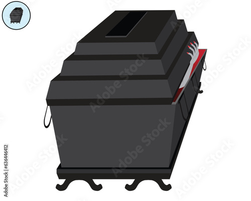 vector of two caskets for corpses which are usually used to put human remains in black and gray with sharp red nails and hands on the edges of the corners of the casket to open it