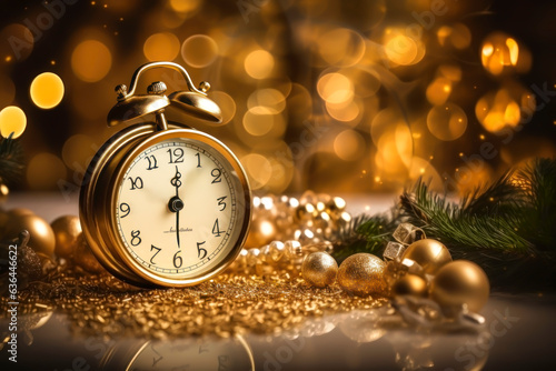 NEW YEAR CLOCK. GOLDEN ORNAMENTS. BLURRED BACKGROUND.