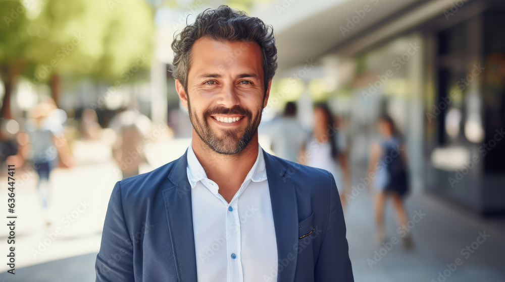 professional happy business man smiling and standing on the sidewalk professional happy business man smiling and standing on the sidewalk