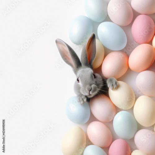 Abstract creative Easter concept of painted decorated pastel eggs with rabbit.