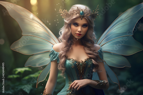 Beautiful forest elf with blue eyes and fairy wings