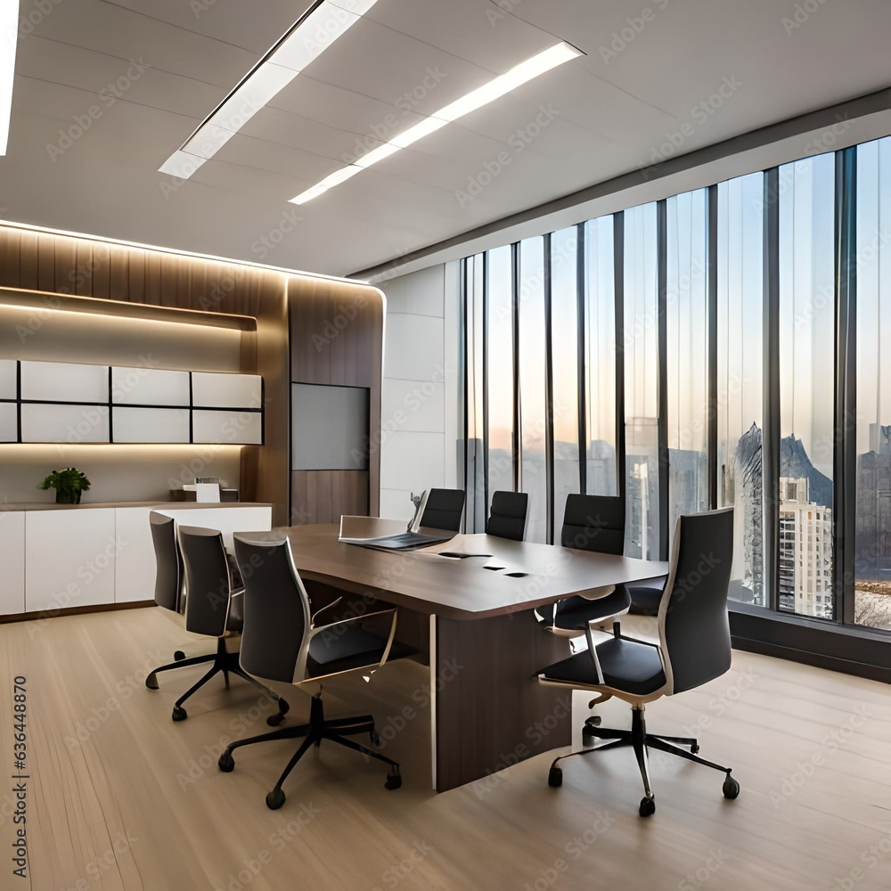 modern office interior with desk and beautiful sea facing window