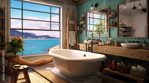 The interior design of vintage bathroom in blue tone color with the ocean view. Generative AI image AIG30.