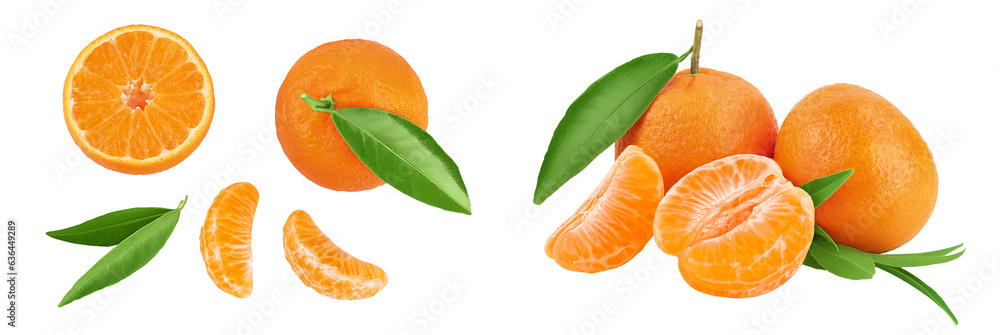 Tangerine or clementine with green leaf isolated on white background with full depth of field. Top view. Flat lay