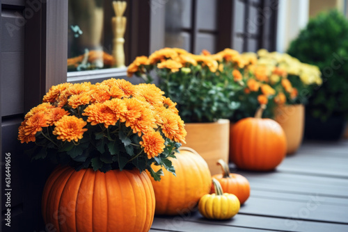 Halloween decorated front porch with handmade eco friendly plant pot making from natural pumpkins