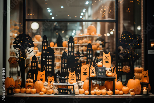 The storefront is decorated with natural pumpkins and paper decorations and crafts.