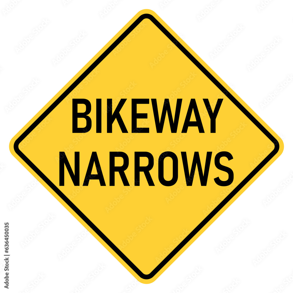 Vector graphic of a usa bikeway narrows ahead highway sign. It consists of black lettering within a black and yellow square tilted to 45 degrees Vector graphic of a usa bikeway narrows ahead highway sign. It consists of black lettering within a black and yellow square tilted to 45 degrees
