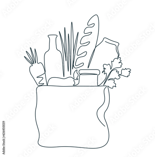 Paper bag with products in single continuous line. One line drawing of grocery bag with bread and vegetables. Outline food delivery. Grocery food basket line art illustration. Modern simple doodle.