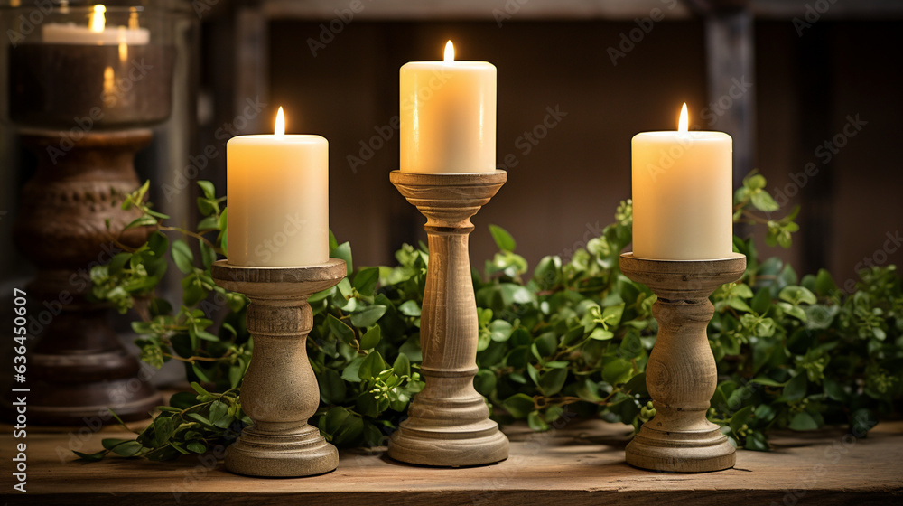An image of simple wooden candleholders adorned with fresh greenery, creating an inviting and cozy atmosphere An image of simple wooden candleholders adorned with fresh greenery, creating an inviting and cozy atmosphere