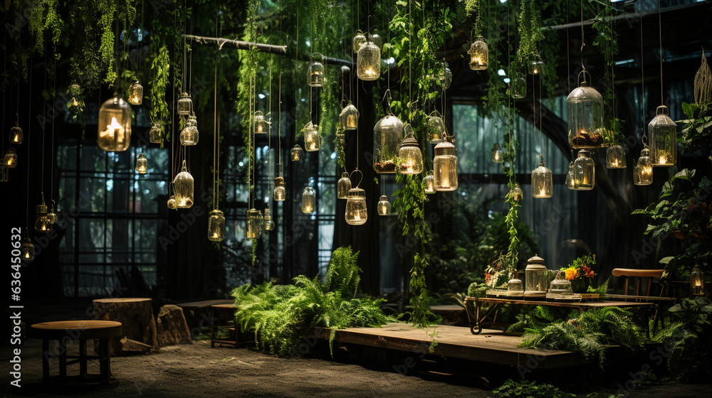 A hanging installation of intertwined vines and ferns, complemented by fairy lights, lending an enchanting touch to the space 