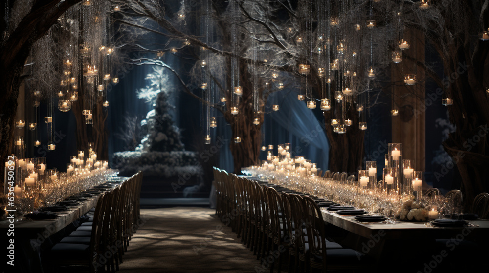 A striking centerpiece comprised of tall branches draped with white fairy lights, evoking the beauty of a winter forest 