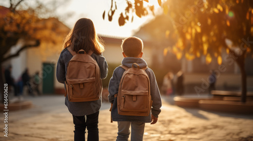 Children with Backpacks Head to School. their backpacks, symbolizing their pursuit of knowledge and education. It conveys a sense of excitement and anticipation for the day ahead
