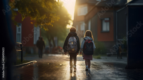 Children with Backpacks Head to School. their backpacks, symbolizing their pursuit of knowledge and education. It conveys a sense of excitement and anticipation for the day ahead