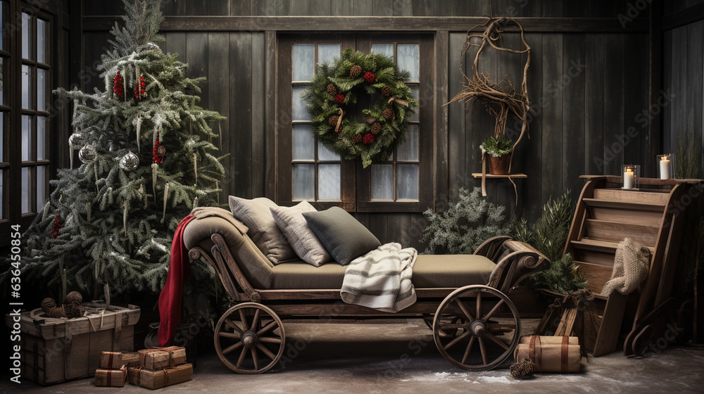 A charming vignette showcasing a vintage sled adorned with evergreen boughs, oversized ornaments, and a cozy blanket 
