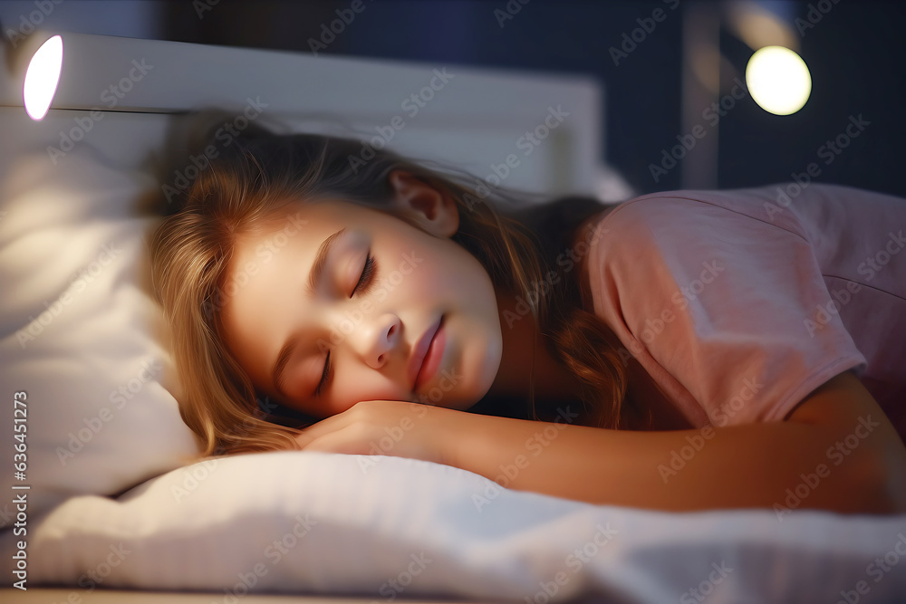 Girl child sleeps in her bed in a dark children's room with the night light turned on Girl child sleeps in her bed in a dark children's room with the night light turned on