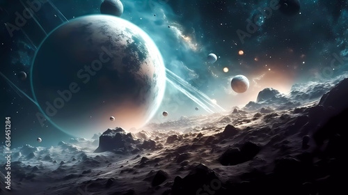 Space scene with stars, planets and asteroids in the galaxy. Panorama. Universe filled with stars, planets, asteroids, nebula and galaxy. Generative AI technology.