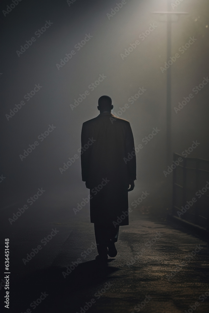 Mysterious African american man wearing a long trench coat in the fog. Noire detective. Cultural and Artistic Flourishing era. 