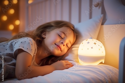 Girl child sleeps in her bed in a dark children's room with the night light turned on