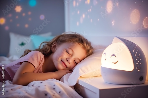 Girl child sleeps in her bed in a dark children's room with the night light turned on photo