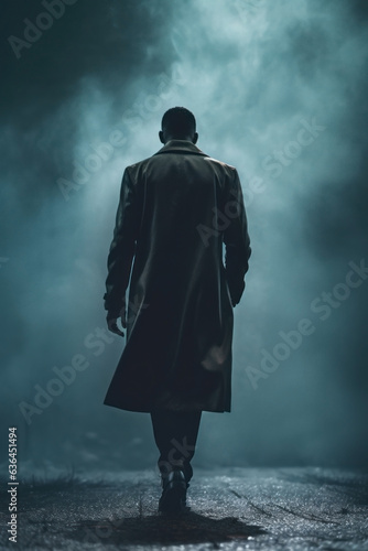 Mysterious African american man wearing a long trench coat in the fog. Noire detective. Economic Transformation era. 