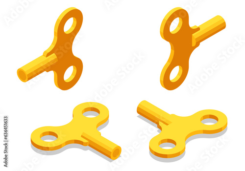 Isometric Gold Metal Windup Key for Clock and Toys on a white background