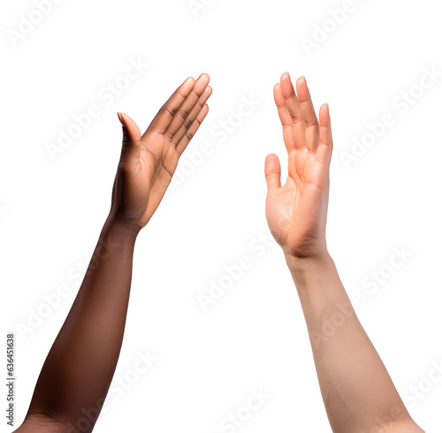Afro American hand and Caucasian hand trying to do high five over isolated transparent background