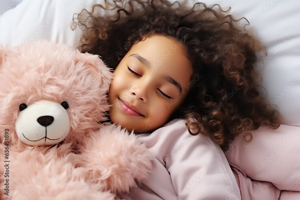 Girl child African American woman sleeping in bed in the morning with pink bear Girl child African American woman sleeping in bed in the morning with pink bear