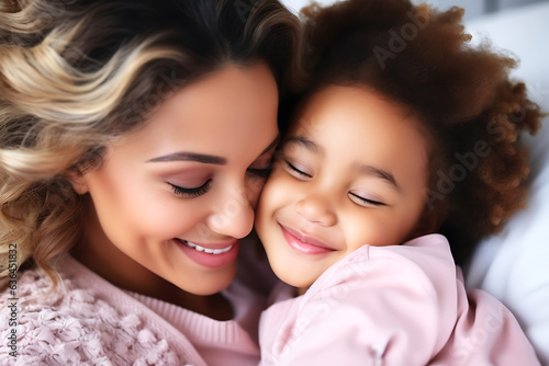 Mixed race mother and daughter in pink clothes lie in bed and hug.