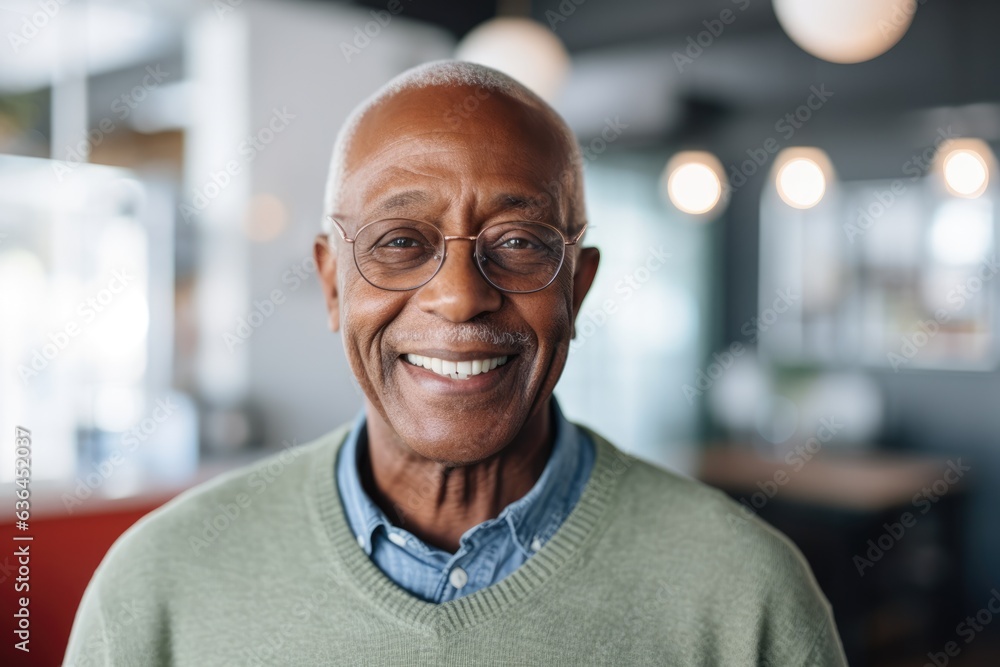 Smiling senior black man posing inside a room looking at the camera Smiling senior black man posing inside a room looking at the camera
