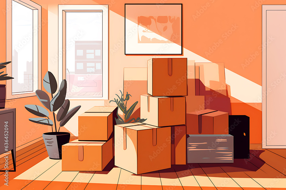 Moving to a new apartment. There are cardboard boxes on the floor. Illustration in risographic style Moving to a new apartment. There are cardboard boxes on the floor. Illustration in risographic style