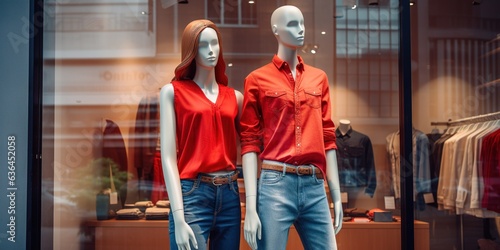 Two mannequins displaying casual clothes with red shirts and blue jeans on window shopping