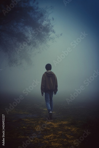 young boy lost in the foggy forest at dusk. 
