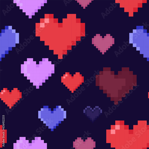 Blue dark pixelated heart seamless pattern