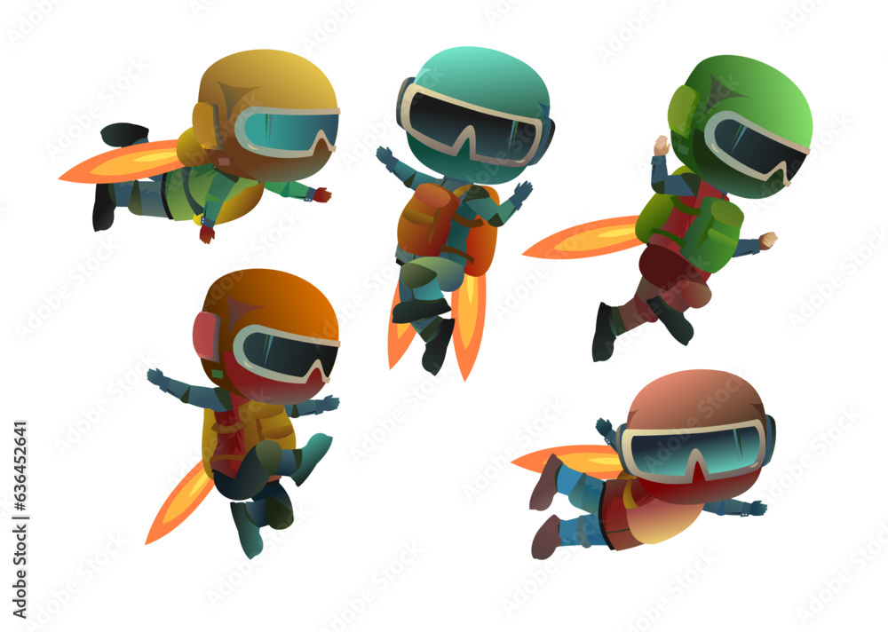 Jetpack. Set of characters. Isolated on white background. Man in helmet flies. Reactive Aircraft in back. Cartoon style. Vector picture Jetpack. Set of characters. Isolated on white background. Man in helmet flies. Reactive Aircraft in back. Cartoon style. Vector picture