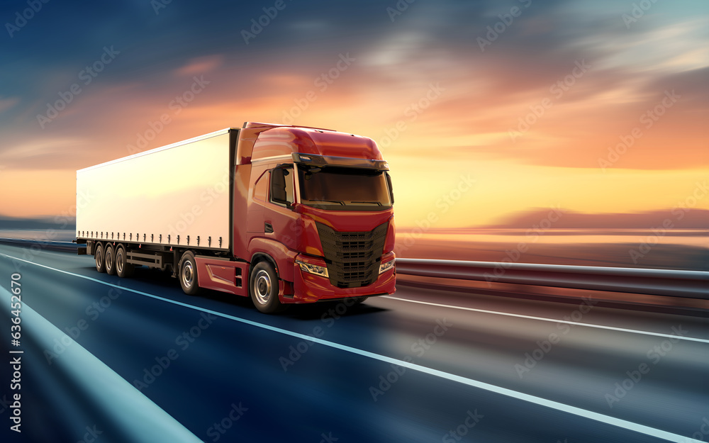 Generic and unbranded red truck speed driving on asphalt road, 3D illustration Generic and unbranded red truck speed driving on asphalt road, 3D illustration