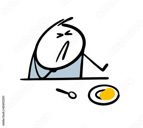 Disgruntled stickman child winced in disgust and pushed the plate of food away from him. Vector illustration of a fastidious teenager at lunch or breakfast.