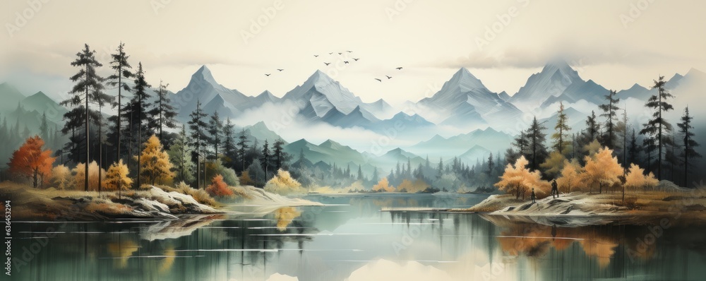 Fototapeta Mountain Peaks minimalist watercolor landscape art