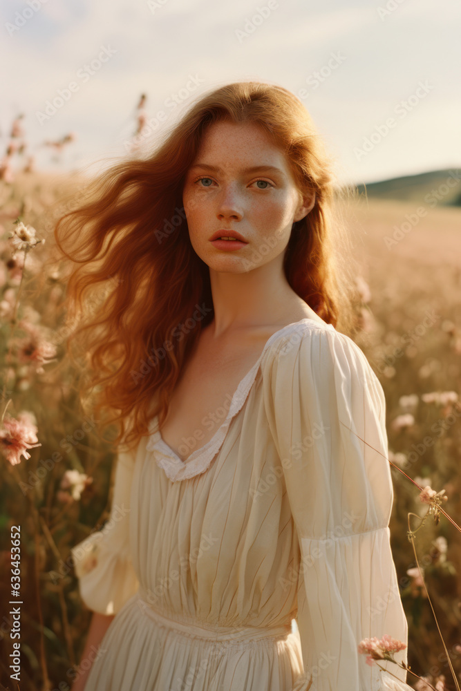 portrait of a woman/model/book character surrounded by flowers in warm daylight with a thoughtful expression in a fashion/beauty editorial magazine style film photography look - generative ai art portrait of a woman/model/book character surrounded by flowers in warm daylight with a thoughtful expression in a fashion/beauty editorial magazine style film photography look - generative ai art