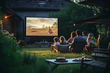 a family sitting in front of a huge flat screen television in the backyard outside in the warm summer evening watching a movie spending leisure time together