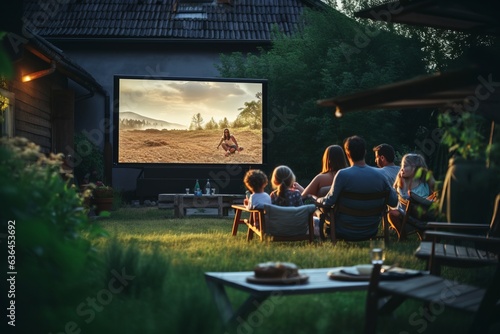 a family sitting in front of a huge flat screen television in the backyard outside in the warm summer evening watching a movie spending leisure time together