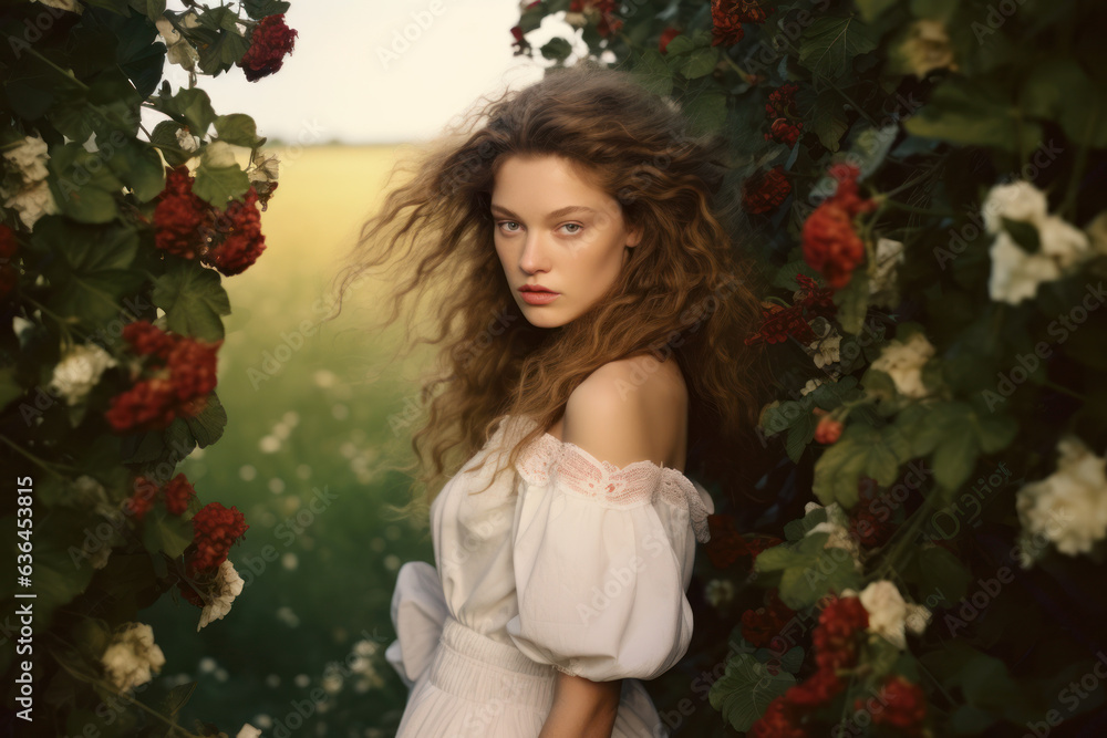 portrait of a woman/model/book character surrounded by flowers in warm daylight with a thoughtful expression in a fashion/beauty editorial magazine style film photography look - generative ai art portrait of a woman/model/book character surrounded by flowers in warm daylight with a thoughtful expression in a fashion/beauty editorial magazine style film photography look - generative ai art