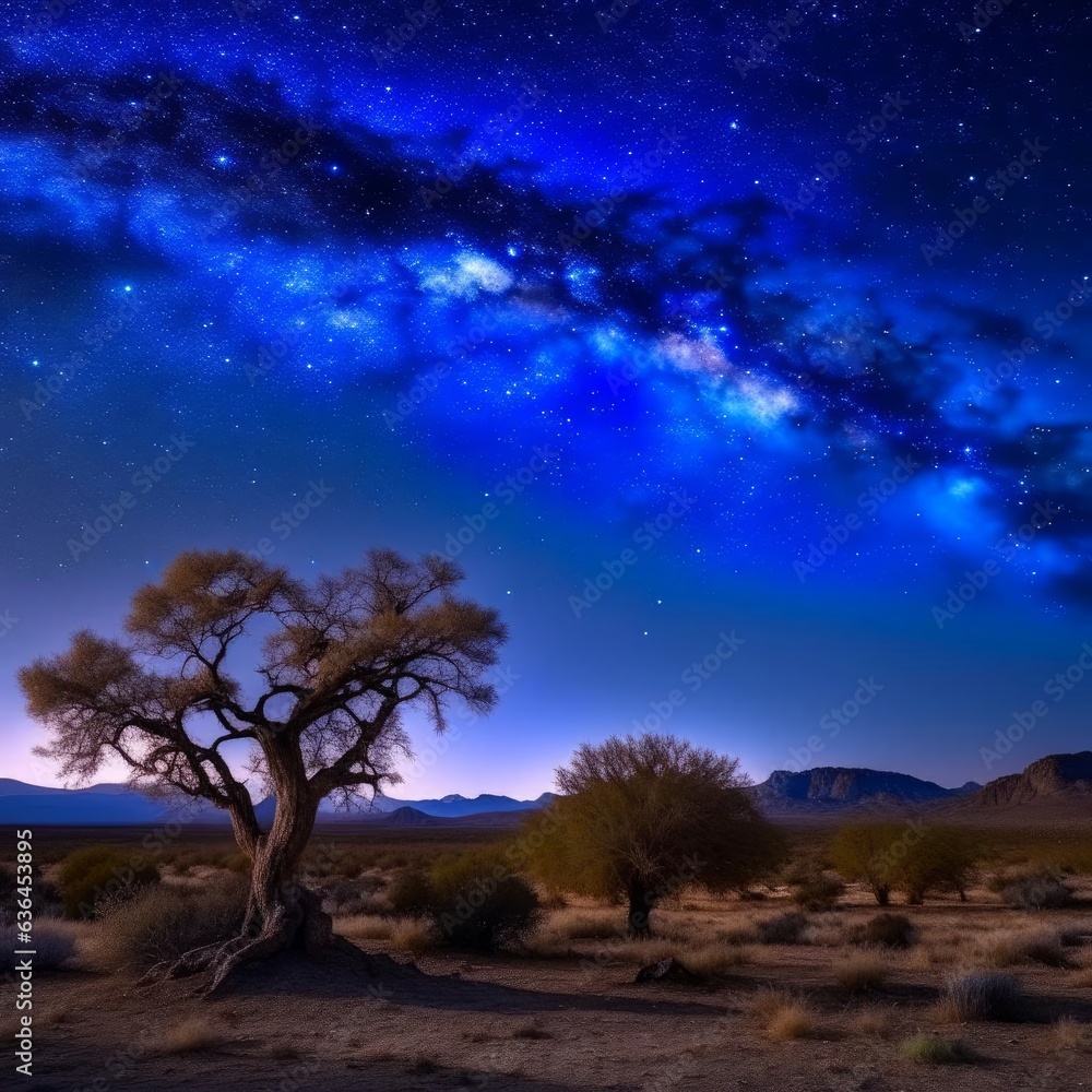 Dry crumpled tree against the background of the milky way.