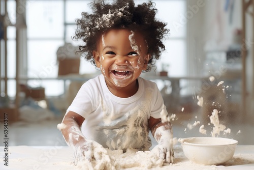 a playful hyperactive cute african dark-skinned toddler child misbehaving and making a huge mess in a kitchen, throwing around things, flour and dough or sand and food