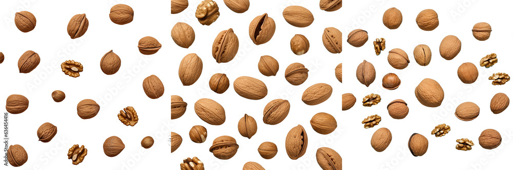 Many walnuts in shells against a transparent background Many walnuts in shells against a transparent background