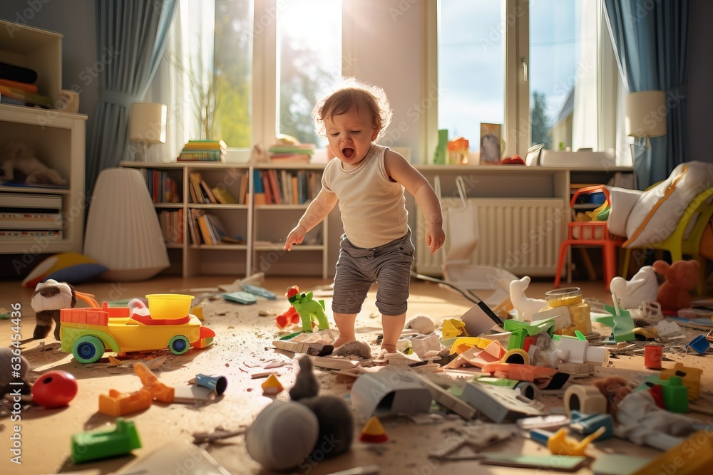 © Romana - a playful hyperactive cute white toddler cleaning up the toys after misbehaving and making a huge mess in a living-room, throwing around things and shredding paper. Studio light.