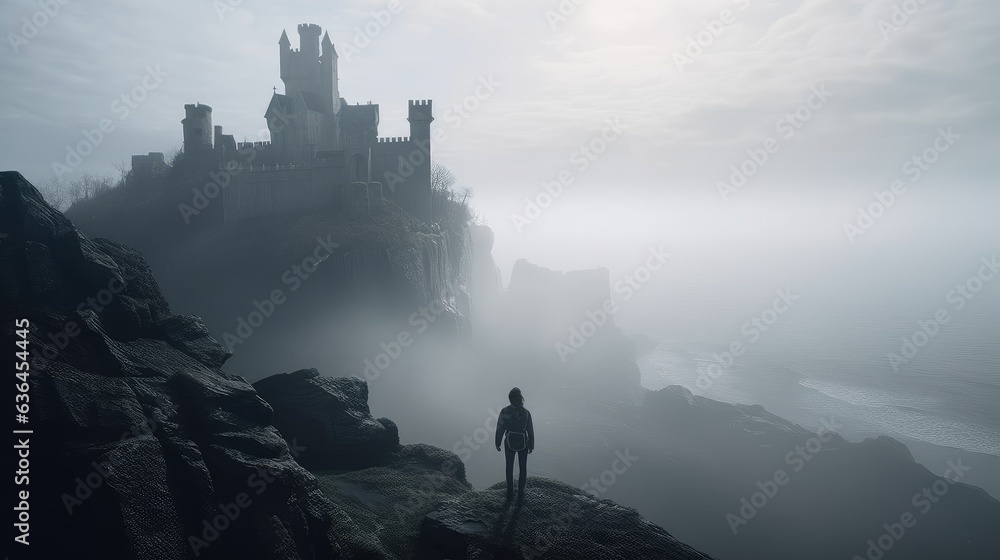 castle in misty mountains. Generative AI - obrazy, fototapety, plakaty 