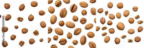 Many walnuts in shells against a transparent background